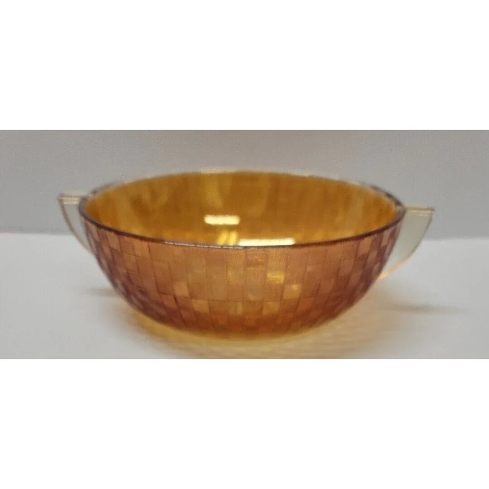 Iridescent checkered patterned depression glass bowl w 2 handles